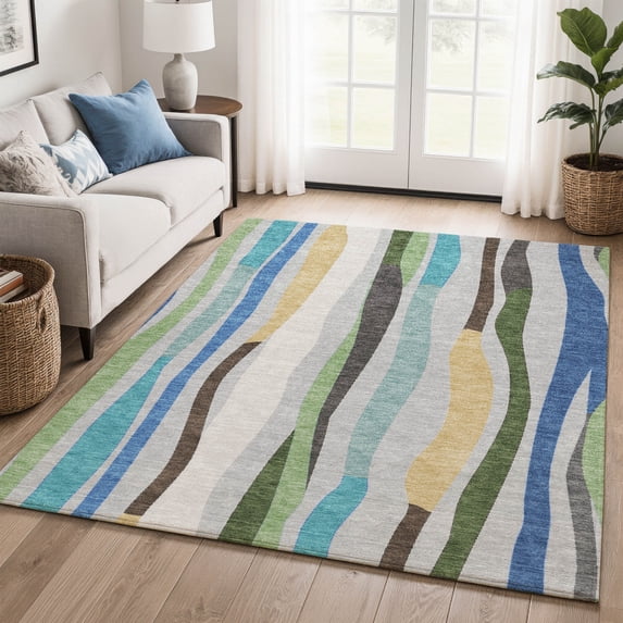 Addison Rugs Mayfield Premium Machine Washable Transitional Stripes Green Rectangle Rug, 9' x 12'