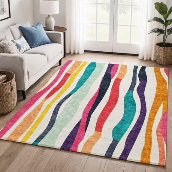 Addison Rugs Mayfield Premium Machine Washable Transitional Stripes Ivory Rectangle Rug, 8' x 10'