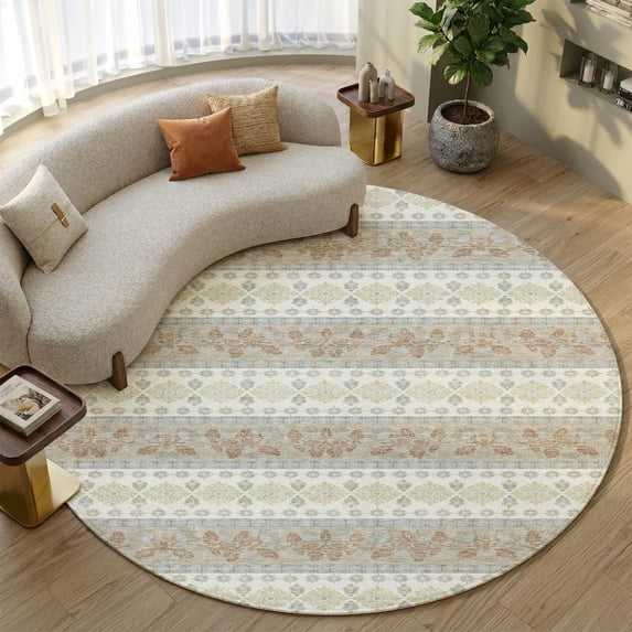 Addison Rugs Mayfield Premium Machine Washable Transitional Stripes Ivory Round Rug, 8' x 8'