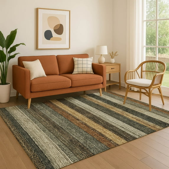 Addison Rugs Mayfield Premium Machine Washable Transitional Stripes Khaki Rectangle Rug, 9' x 12'