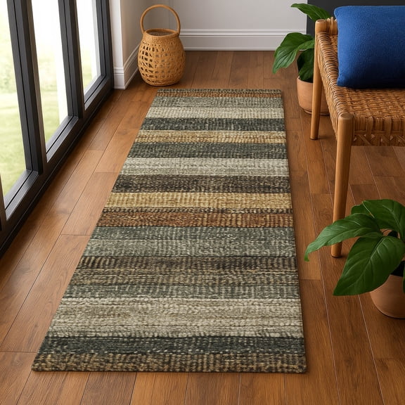 Addison Rugs Mayfield Premium Machine Washable Transitional Stripes Khaki Runner Rug, 2'3" x 7'6"