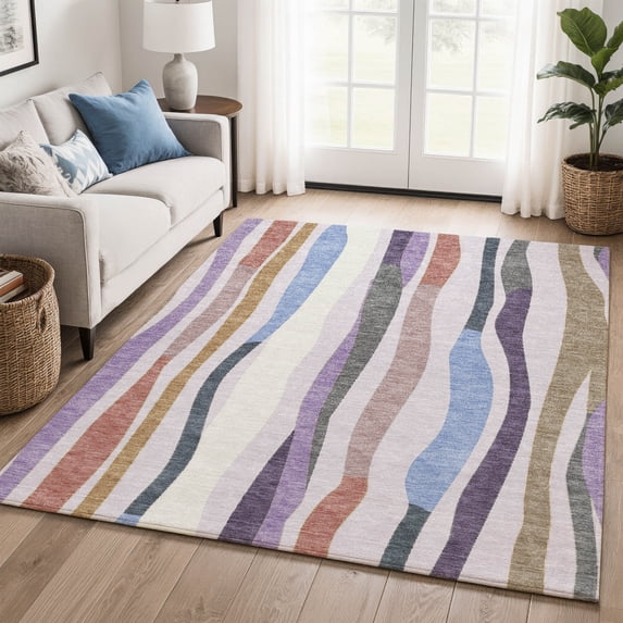 Addison Rugs Mayfield Premium Machine Washable Transitional Stripes Lavender Rectangle Rug, 5' x 7'6"