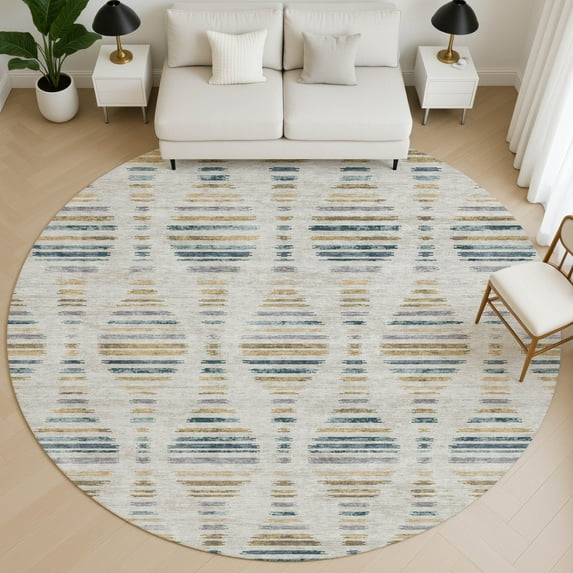 Addison Rugs Mayfield Premium Machine Washable Transitional Stripes Linen Round Rug, 8' X 8' Machine Washable Transitional Stripes Linen Oversized Sherpa Throw Blanket