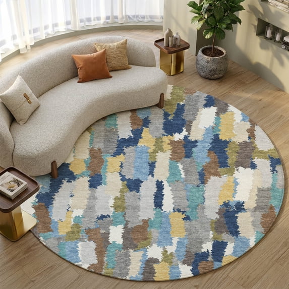 Addison Rugs Mayfield Premium Machine Washable Transitional Stripes Navy Round Rug, 8' x 8'