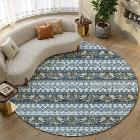 Addison Rugs Mayfield Premium Machine Washable Transitional Stripes Navy Round Rug, 8' x 8'