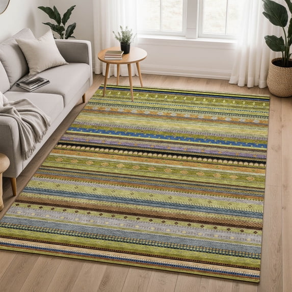 Addison Rugs Mayfield Premium Machine Washable Transitional Stripes Olive Rectangle Rug, 3' x 5'