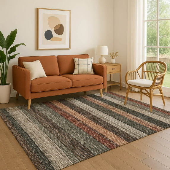Addison Rugs Mayfield Premium Machine Washable Transitional Stripes Paprika Rectangle Rug, 5' x 7'6"