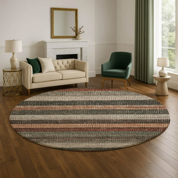 Addison Rugs Mayfield Premium Machine Washable Transitional Stripes Paprika Round Rug, 8' x 8'