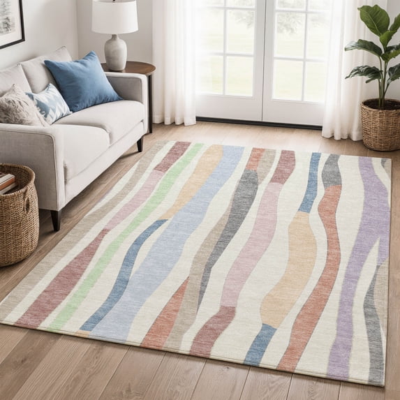 Addison Rugs Mayfield Premium Machine Washable Transitional Stripes Pearl Rectangle Rug, 3' x 5'