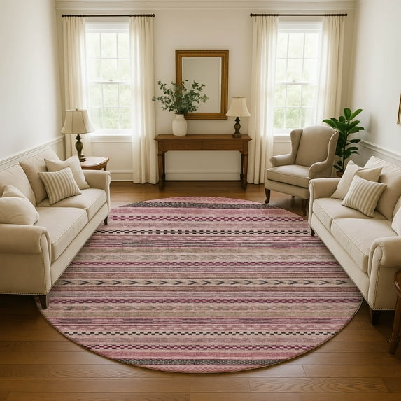 Addison Rugs Mayfield Premium Machine Washable Transitional Stripes Pink Round Rug, 8' X 8' Machine Washable Transitional Stripes Pink Oversized Sherpa Throw Blanket