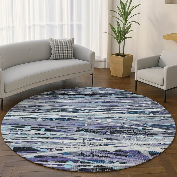 Addison Rugs Mayfield Premium Machine Washable Transitional Stripes Purple Round Rug, 8' x 8'