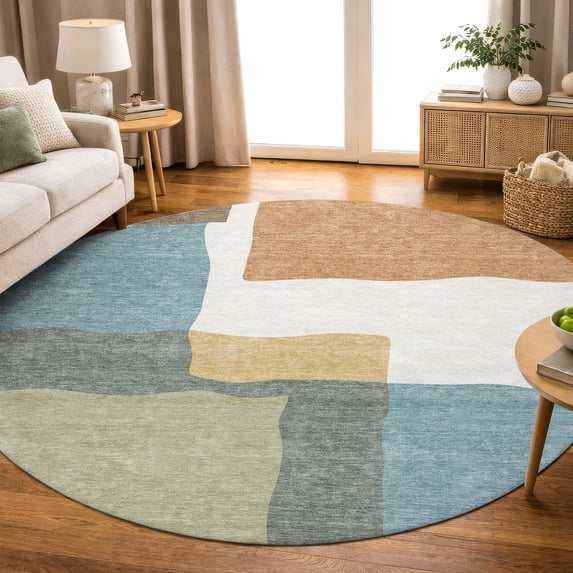 Addison Rugs Mayfield Premium Machine Washable Transitional Stripes Seafoam Round Rug, 8' x 8'