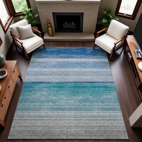 Addison Rugs Mayfield Premium Machine Washable Transitional Stripes Sky Rectangle Rug, 3' x 5'