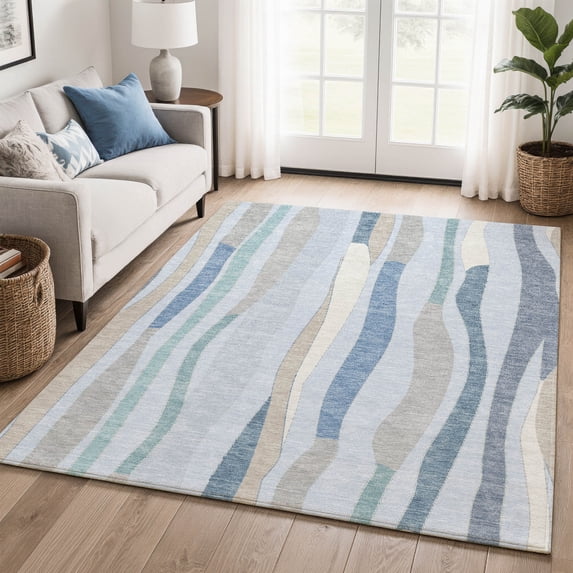 Addison Rugs Mayfield Premium Machine Washable Transitional Stripes Sky Rectangle Rug, 8' x 10'