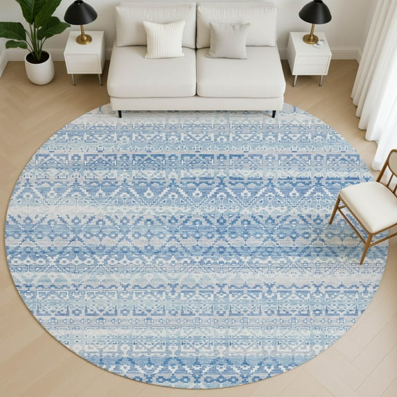 Addison Rugs Mayfield Premium Machine Washable Transitional Stripes Sky Round Rug, 8' X 8' Machine Washable Transitional Stripes Sky Oversized Sherpa Throw Blanket