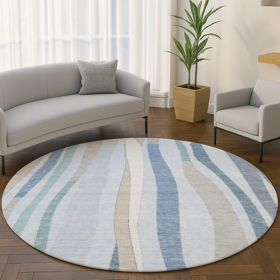 Addison Rugs Mayfield Premium Machine Washable Transitional Stripes Sky Round Rug, 8' x 8'