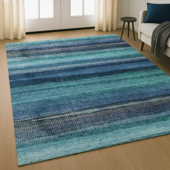 Addison Rugs Mayfield Premium Machine Washable Transitional Stripes Teal Rectangle Rug, 10' X 14' Machine Washable Transitional Stripes Teal Oversized Sherpa Throw Blanket