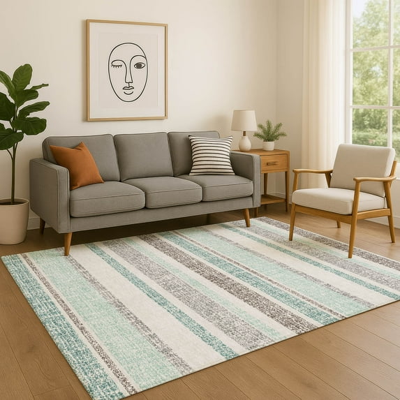 Addison Rugs Mayfield Premium Machine Washable Transitional Stripes Teal Rectangle Rug, 10' X 14' Machine Washable Transitional Stripes Teal Oversized Sherpa Throw Blanket
