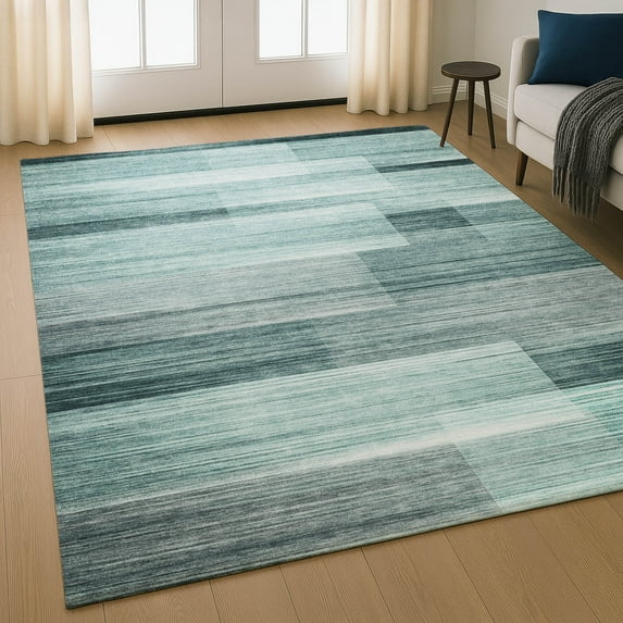 Addison Rugs Mayfield Premium Machine Washable Transitional Stripes Teal Rectangle Rug, 10' X 14' Machine Washable Transitional Stripes Teal Oversized Sherpa Throw Blanket