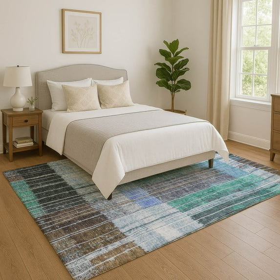 Addison Rugs Mayfield Premium Machine Washable Transitional Stripes Teal Rectangle Rug, 3' x 5'