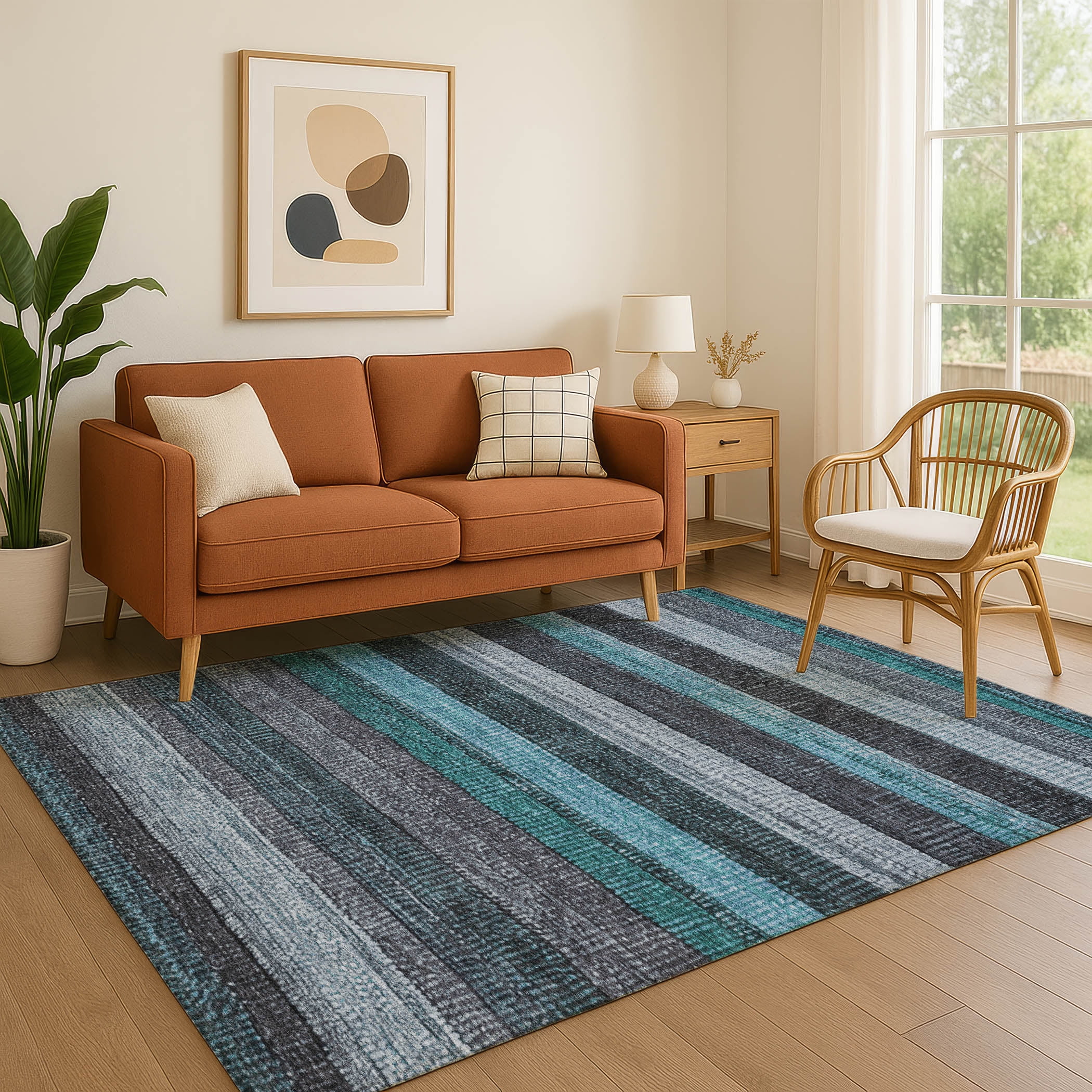 Addison Rugs Mayfield Premium Machine Washable Transitional Stripes Teal Rectangle Rug, 3' x 5'