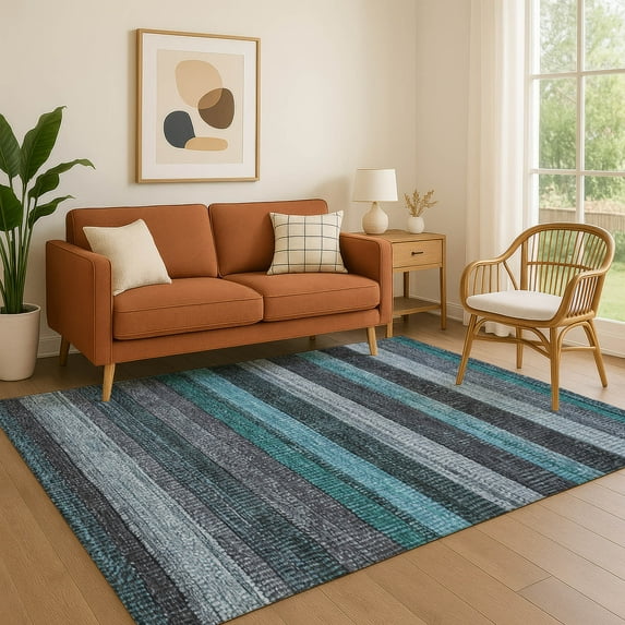 Addison Rugs Mayfield Premium Machine Washable Transitional Stripes Teal Rectangle Rug, 3' x 5'