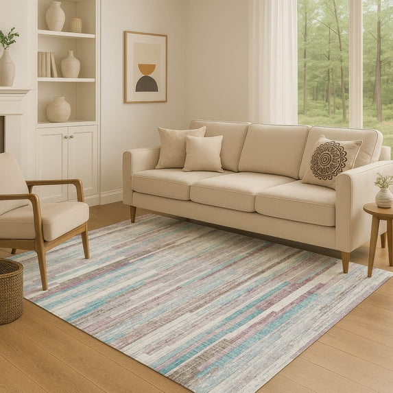 Addison Rugs Mayfield Premium Machine Washable Transitional Stripes Teal Rectangle Rug, 3' x 5'