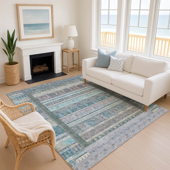 Addison Rugs Mayfield Premium Machine Washable Transitional Stripes Teal Rectangle Rug, 3' x 5'