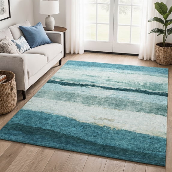 Addison Rugs Mayfield Premium Machine Washable Transitional Stripes Teal Rectangle Rug, 3' x 5'