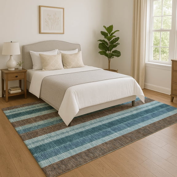 Addison Rugs Mayfield Premium Machine Washable Transitional Stripes Teal Rectangle Rug, 3' x 5'