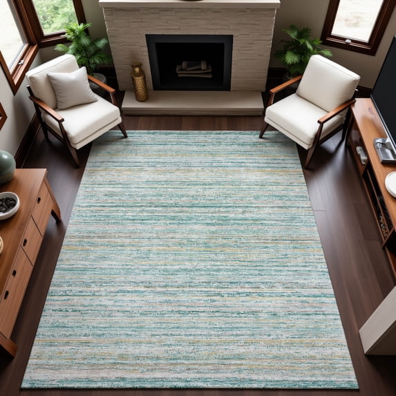 Addison Rugs Mayfield Premium Machine Washable Transitional Stripes Teal Rectangle Rug, 3' x 5'