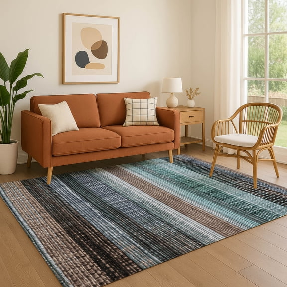 Addison Rugs Mayfield Premium Machine Washable Transitional Stripes Teal Rectangle Rug, 3' x 5'