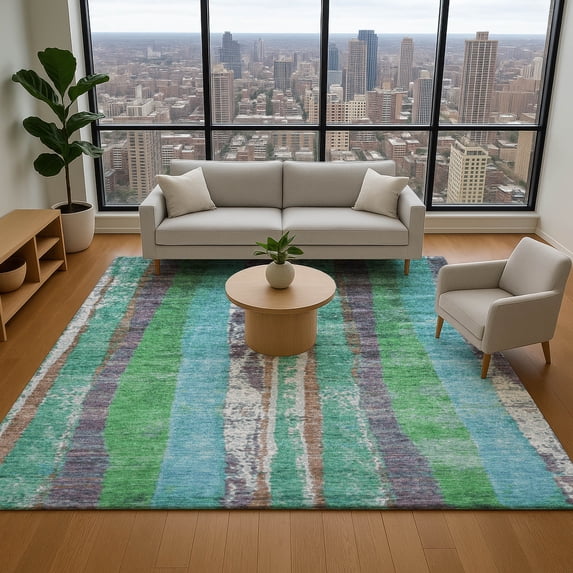 Addison Rugs Mayfield Premium Machine Washable Transitional Stripes Teal Rectangle Rug, 9' x 12'