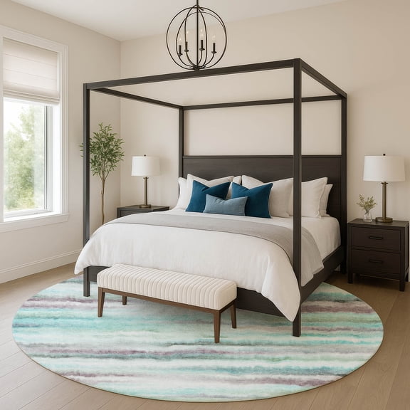 Addison Rugs Mayfield Premium Machine Washable Transitional Stripes Teal Round Rug, 8' x 8'