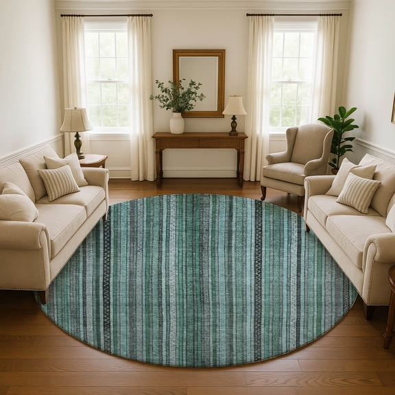 Addison Rugs Mayfield Premium Machine Washable Transitional Stripes Teal Round Rug, 8' x 8'