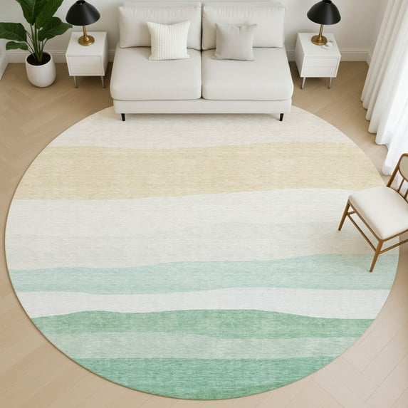 Addison Rugs Mayfield Premium Machine Washable Transitional Stripes Teal Round Rug, 8' X 8' Machine Washable Transitional Stripes Teal Oversized Sherpa Throw Blanket