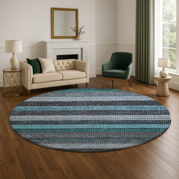 Addison Rugs Mayfield Premium Machine Washable Transitional Stripes Teal Round Rug, 8' x 8'