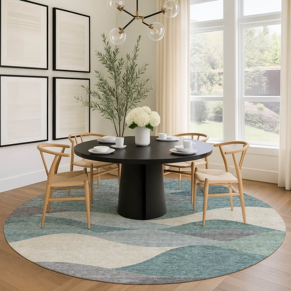 Addison Rugs Mayfield Premium Machine Washable Transitional Stripes Teal Round Rug, 8' x 8'