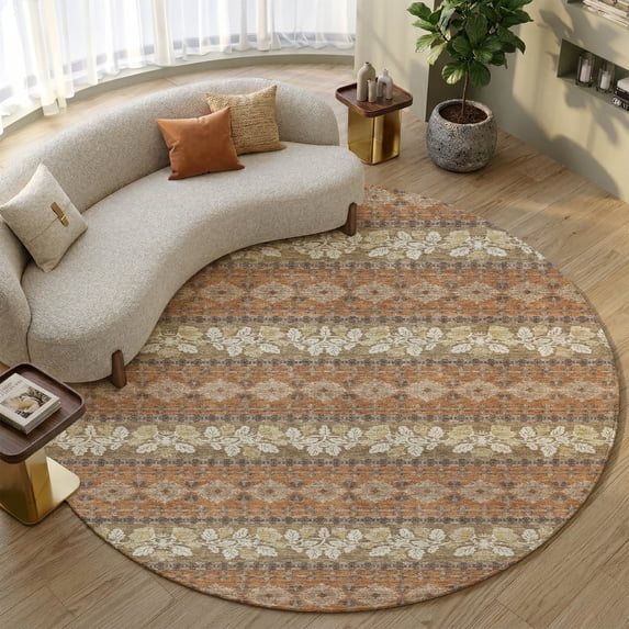 Addison Rugs Mayfield Premium Machine Washable Transitional Stripes Terracotta Round Rug, 8' x 8'