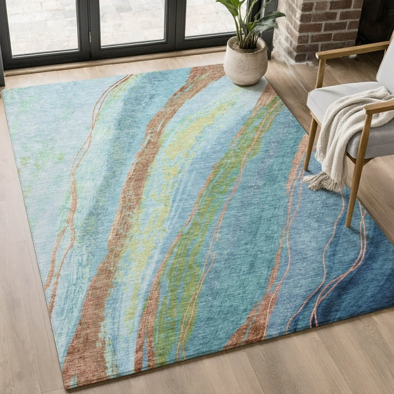 Addison Rugs Mayfield Premium Machine Washable Transitional Swirls Blue Rectangle Rug, 5' X 7'6" Machine Washable Transitional Swirls Blue Oversized Sherpa Throw Blanket