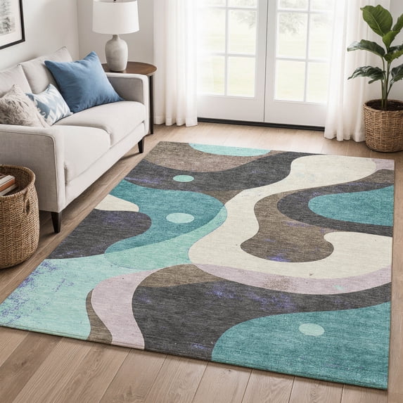 Addison Rugs Mayfield Premium Machine Washable Transitional Swirls Teal Rectangle Rug, 10' x 14'