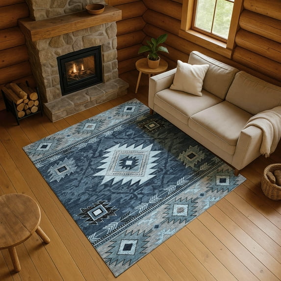 Addison Rugs Mayfield Premium Machine Washable Transitional Tribal Blue Rectangle Rug, 3' x 5'