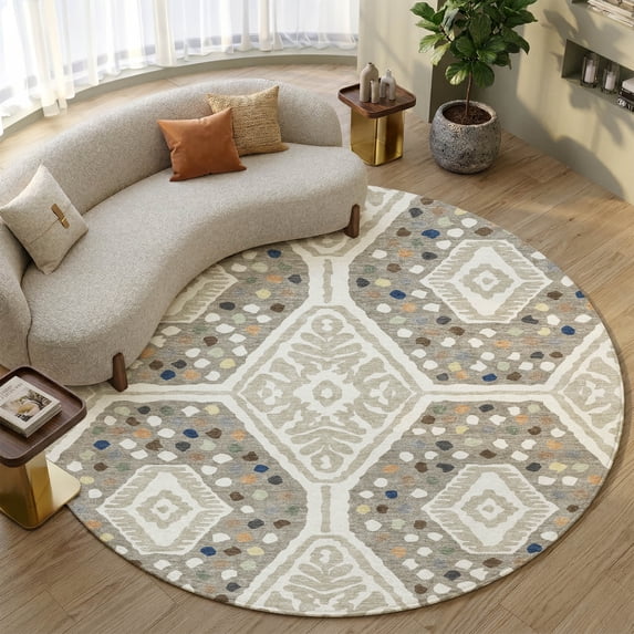 Addison Rugs Mayfield Premium Machine Washable Transitional Tribal Ivory Round Rug, 8' x 8'