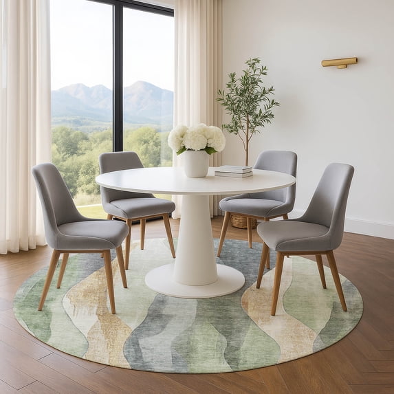 Addison Rugs Mayfield Premium Machine Washable Transitional Waves Aloe Round Rug, 8' x 8'