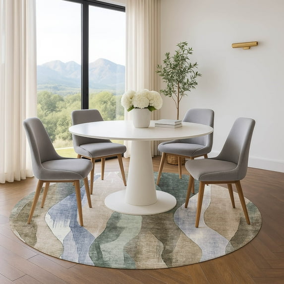 Addison Rugs Mayfield Premium Machine Washable Transitional Waves Beige Round Rug, 8' x 8'