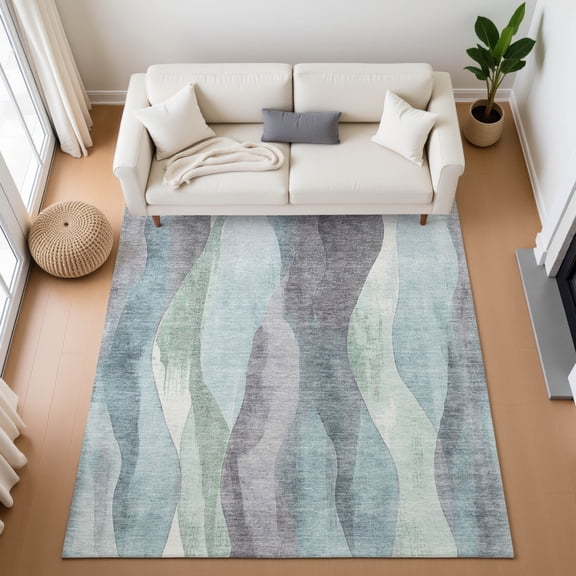 Addison Rugs Mayfield Premium Machine Washable Transitional Waves Teal Rectangle Rug, 10' x 14'