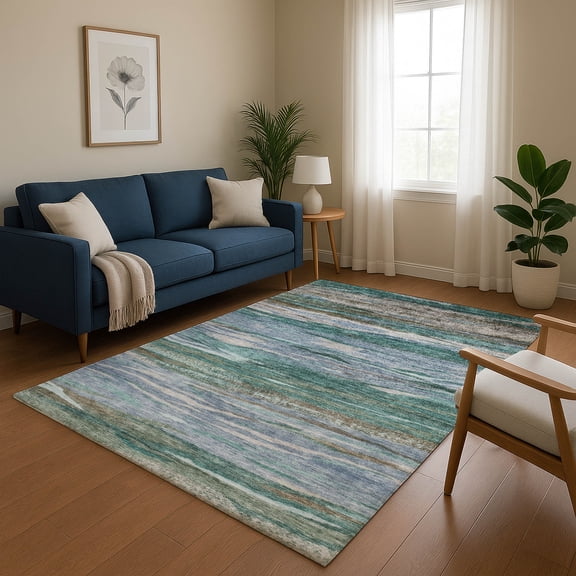 Addison Rugs Mayfield Premium Machine Washable Transitional Waves Teal Rectangle Rug, 3' x 5'