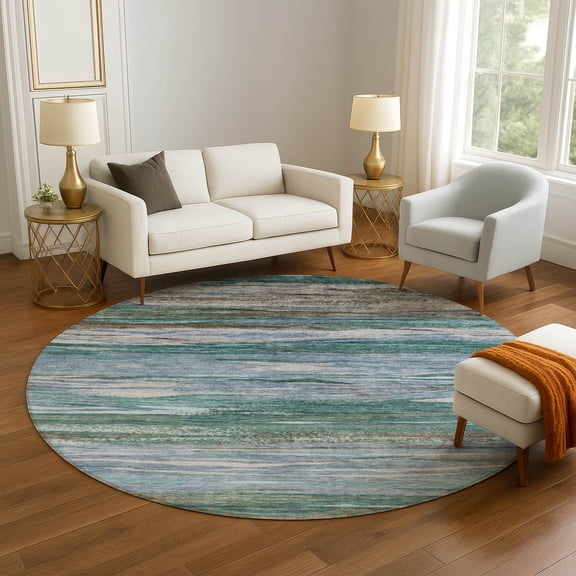 Addison Rugs Mayfield Premium Machine Washable Transitional Waves Teal Round Rug, 8' x 8'