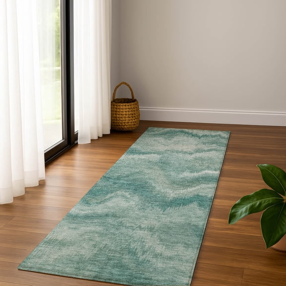 Addison Rugs Mayfield Premium Machine Washable Transitional Waves Teal Runner Rug, 2'3" X 7'6" Machine Washable Transitional Waves Teal Oversized Sherpa Throw Blanket