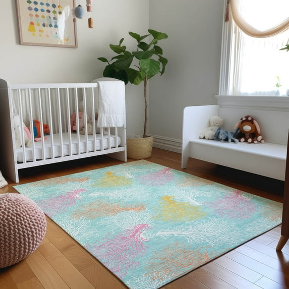 Addison Rugs Mayfield Washable Coastal Coral Aqua Rectangle Rug, 2'6" x 3'10"